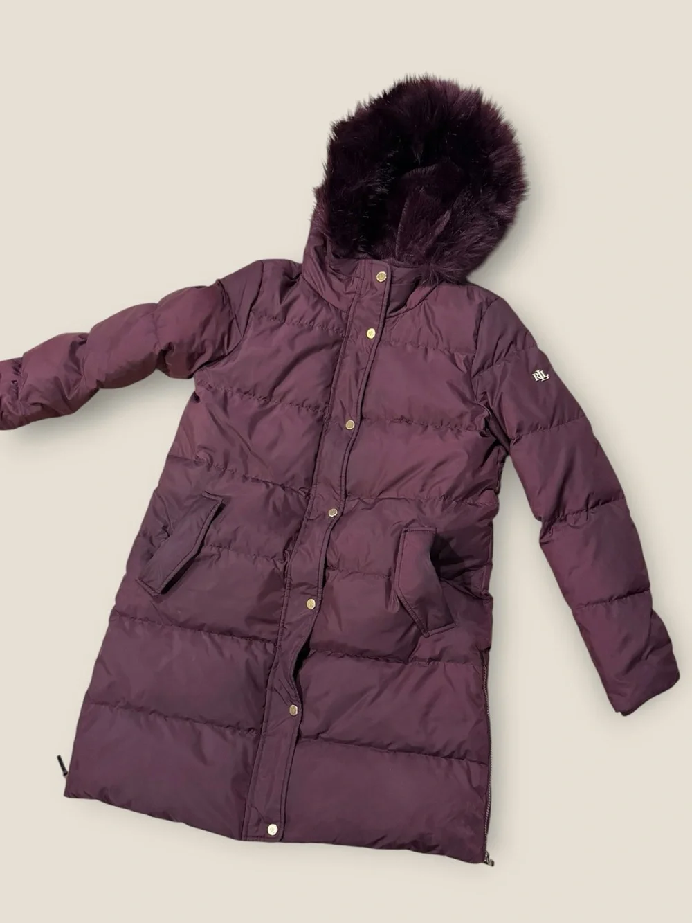 Ralph Lauren Deep Plum Long Puffer Coat with Faux Fur Hood Medium